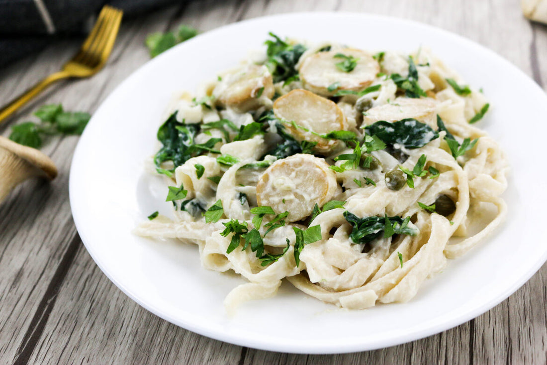 Creamy Vegan Alfredo Sauce With Mushroom Scallops