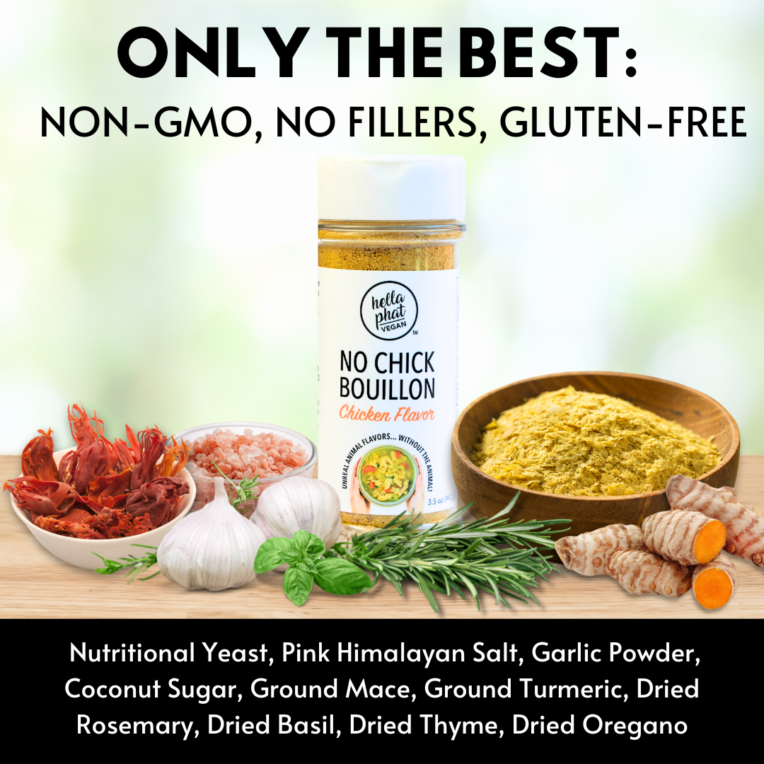 Hella Phat Vegan No Chick Bouillon - Lower Sodium, Flavor-Packed Vegan Broth Powder - Gluten-Free, Non-GMO for Soups, Ramen, Gravy & More - Easy-Dispense, Leak-Proof Shaker Bottle