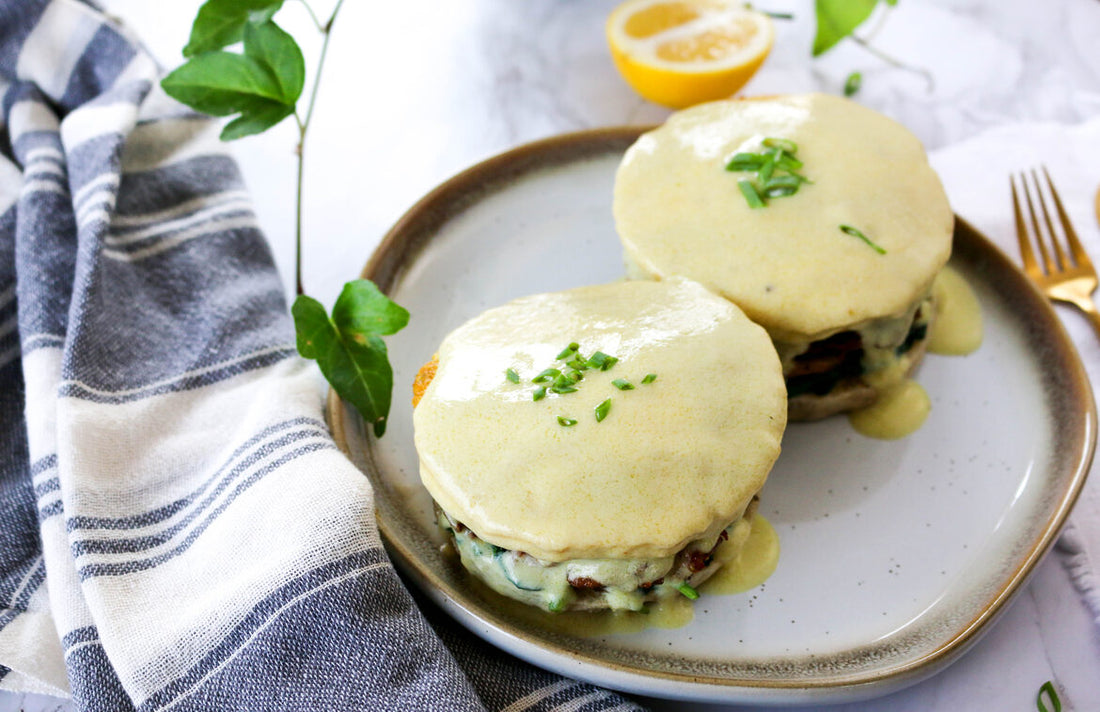 Spinach, Mushroom and Sausage Vegan Eggs Benedict