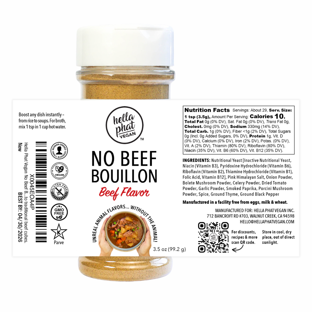 Hella Phat Vegan No Beef Bouillon jar featuring natural vegan beef-style seasoning