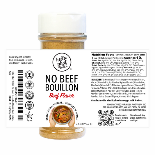 Hella Phat Vegan No Beef Bouillon jar featuring natural vegan beef-style seasoning