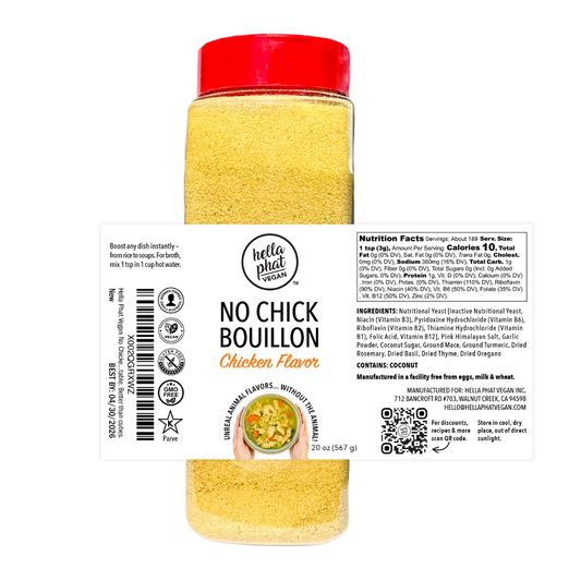 Hella Phat Vegan No Chick Bouillon jar showing natural vegan chicken-style seasoning