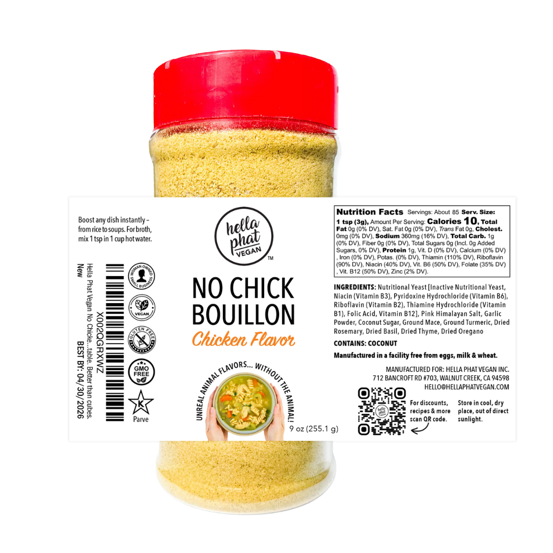 Hella Phat Vegan No Chick Bouillon jar showing natural vegan chicken-style seasoning