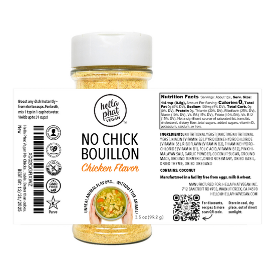 Vegan chicken-style bouillon jar with natural ingredients by Hella Phat Vegan