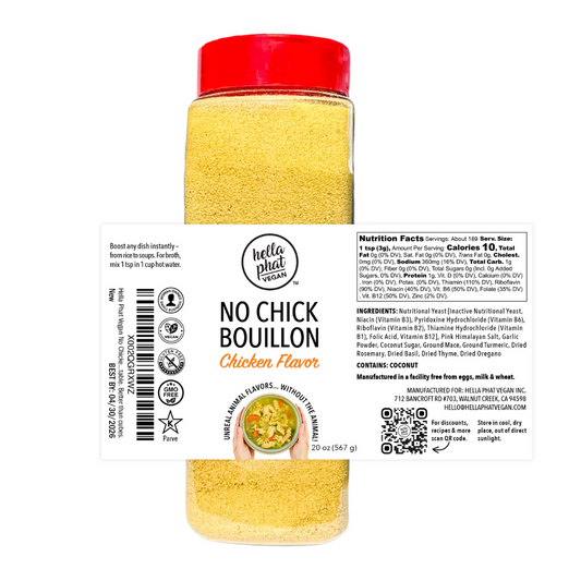 Hella Phat Vegan No Chick Bouillon - Lower Sodium, Flavor-Packed Vegan Broth Powder - Gluten-Free, Non-GMO for Soups, Ramen, Gravy & More - Easy-Dispense, Leak-Proof Shaker Bottle (20 Ounce (Pack of 1), Chicken)