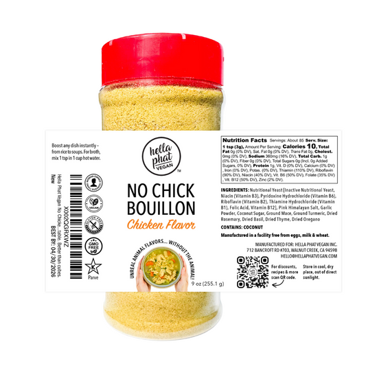 Hella Phat Vegan No Chick Bouillon - Lower Sodium, Flavor-Packed Vegan Broth Powder - Gluten-Free, Non-GMO for Soups, Ramen, Gravy & More - Easy-Dispense, Leak-Proof Shaker Bottle (9 Ounce (Pack of 1), Chicken)
